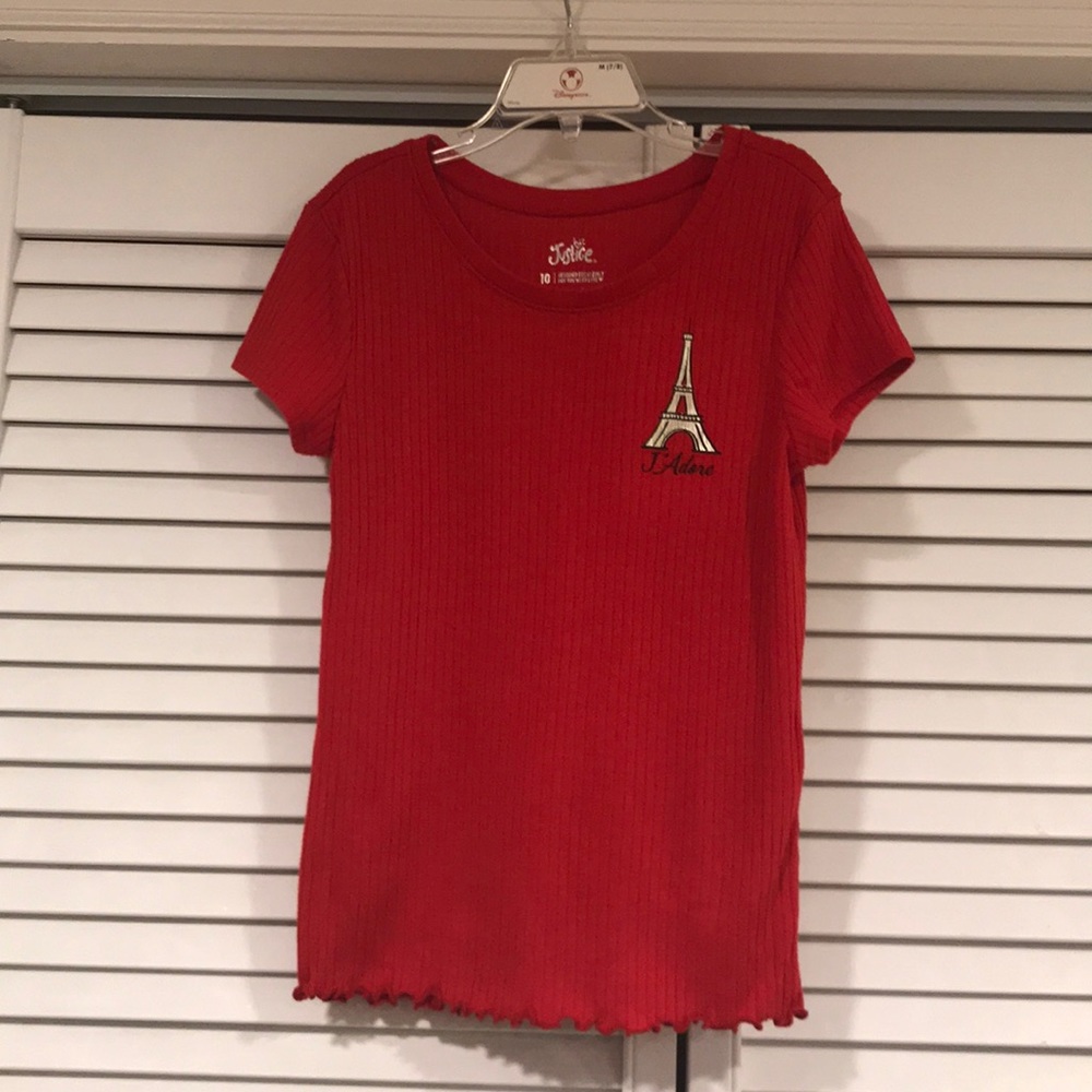 Justice Girls size 10 red ribbed Paris shirt. EUC